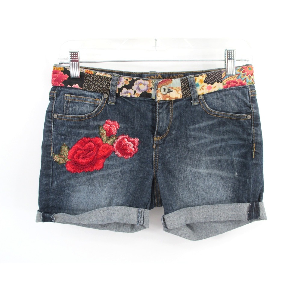 Arizona Jeans Women 3 Blue Denim Floral Embroidery Low Rise Cuffed Shorts